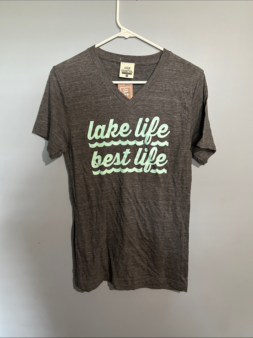 Atx Mafia Charcoal V-Neck Tee with Mint 'Lake Life Best Life' Graphic